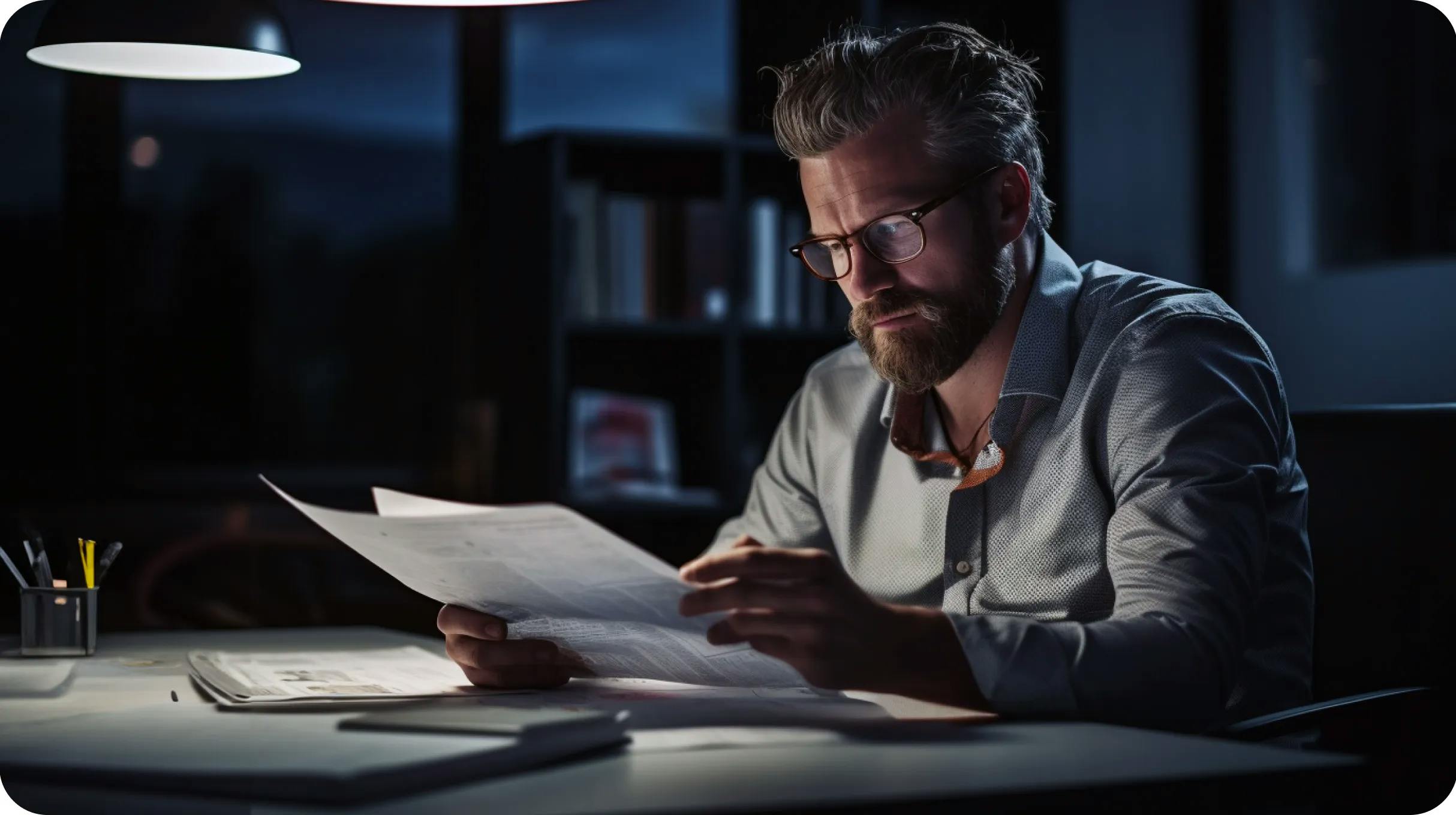 A man working at night in a dark room, reading some papers by a desk light